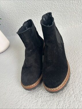 Black Suede Chelsea Ankle Boots with Brown Stacked Sole